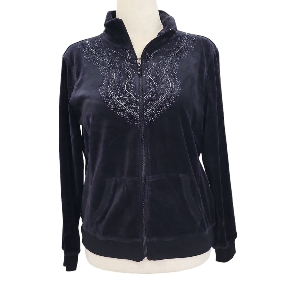 EUC Gloria Vanderbilt women's black embroidery velvet track jacket cotton L
